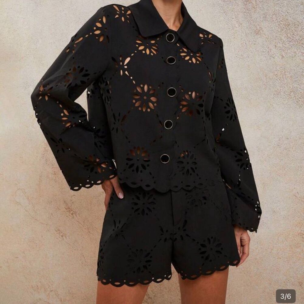 Black Cosmina Eyelet Two Piece Shorts Set NWOT XS Button Front Scallop Hem Set